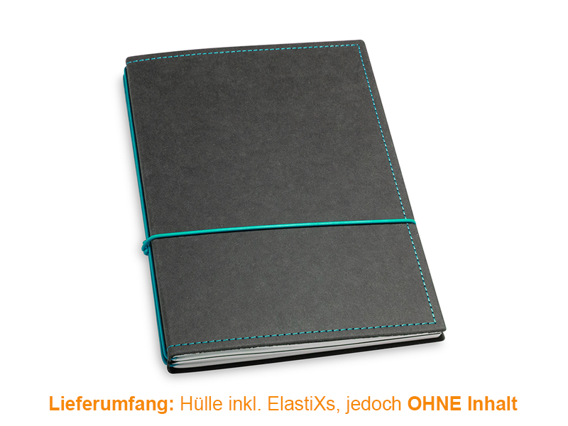 A5 Cover for 2 inlays, Texon black/turquoise incl. ElastiXs (L210)