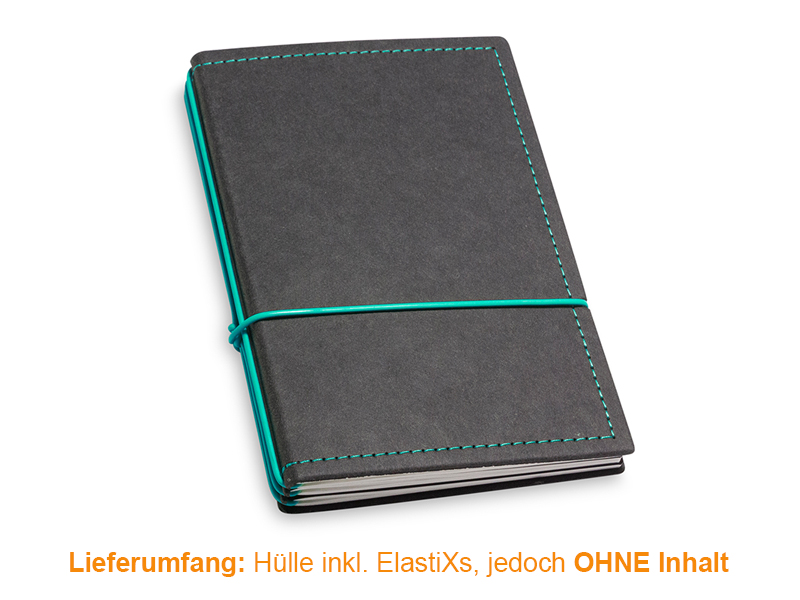 A6 Cover for 3 inlays, Texon black/turquoise incl. ElastiXs (L210)