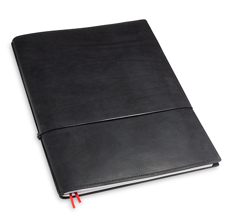 A4+ 1er cuir foulonné noir avec un carnet de notes et une double pochette (L40)