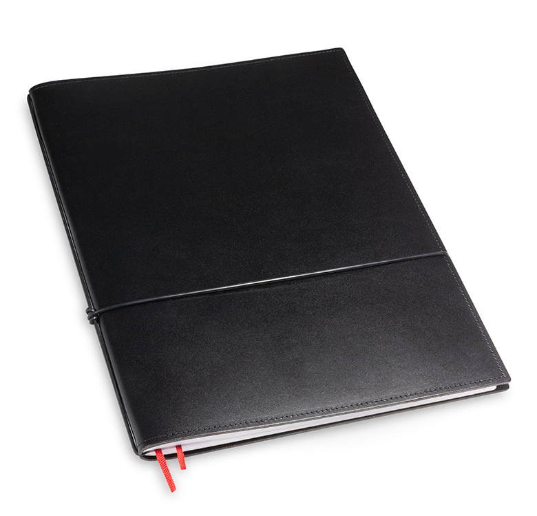 A4+ 1er cuir lisse noir avec un carnet de notes et une double pochette  (L140)