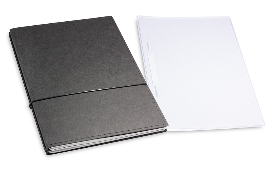 A4+ 2er cahier de projet Texon noir avec deux carnets de notes, une double pochette et un relieur à lamelles (L210)