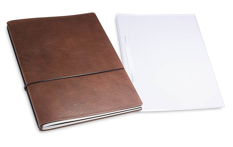 A4+ 2er cahier de projet cuir foulonné marron avec deux carnets de notes, une double pochette et un relieur à lamelles (L30)