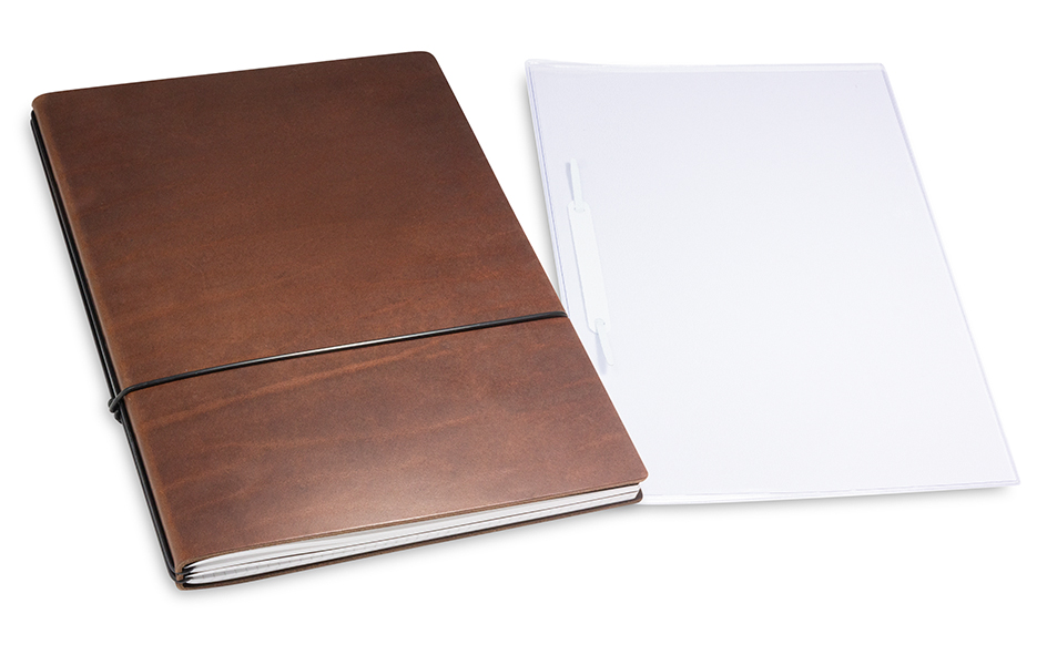 A4+ 2er cahier de projet cuir ferme brun foncé avec deux carnets de notes, une double pochette et un relieur à lamelles (L60)
