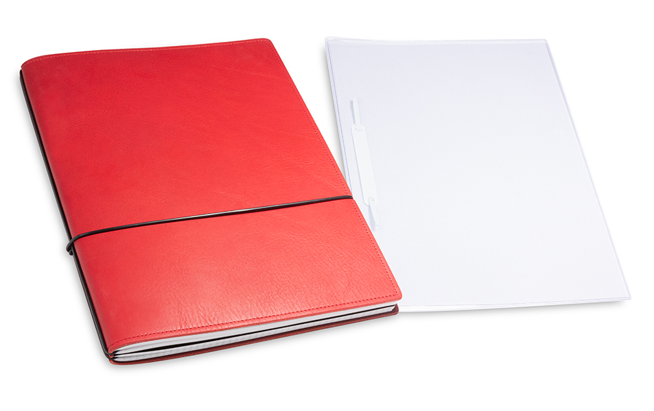 A4+ 2er cahier de projet cuir foulonné rouge avec deux carnets de notes, une double pochette et un relieur à lamelles (L20)
