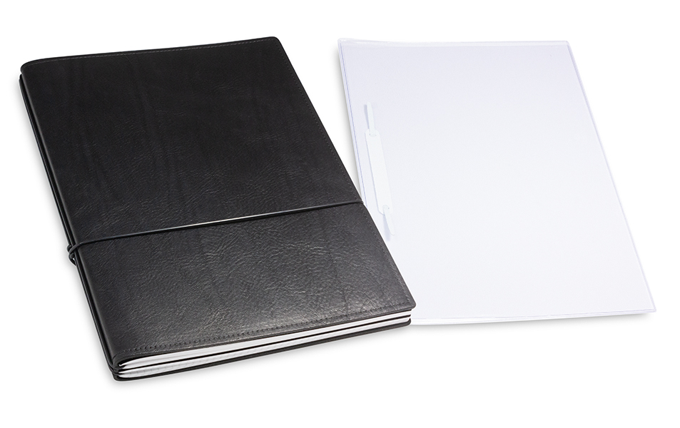 A4+ 2er cahier de projet cuir foulonné noir avec deux carnets de notes, une double pochette et un relieur à lamelles (L10)