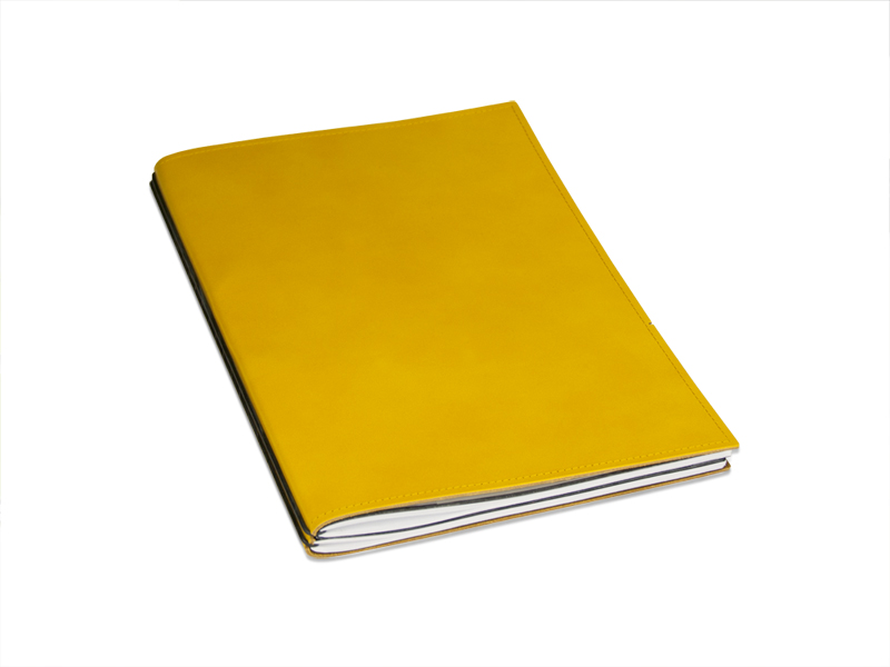 A4+ 2er cahier de projet en cuir lisse jaune avec deux carnets de notes, une double pochette et un relieur à lamelles (L70)