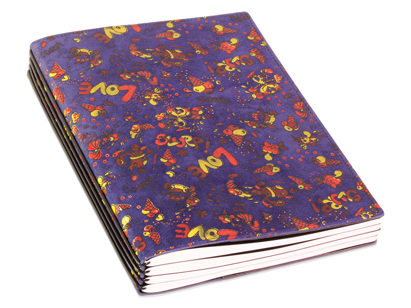 A5 4er notebook suede blue with print, 4 inlays