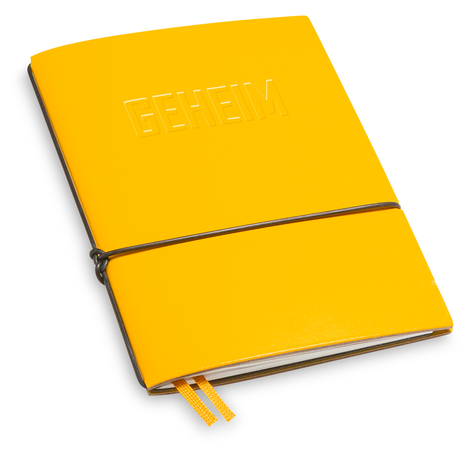"GEHEIM" A6 1er notebook Lefa yellow with branding (L240)
