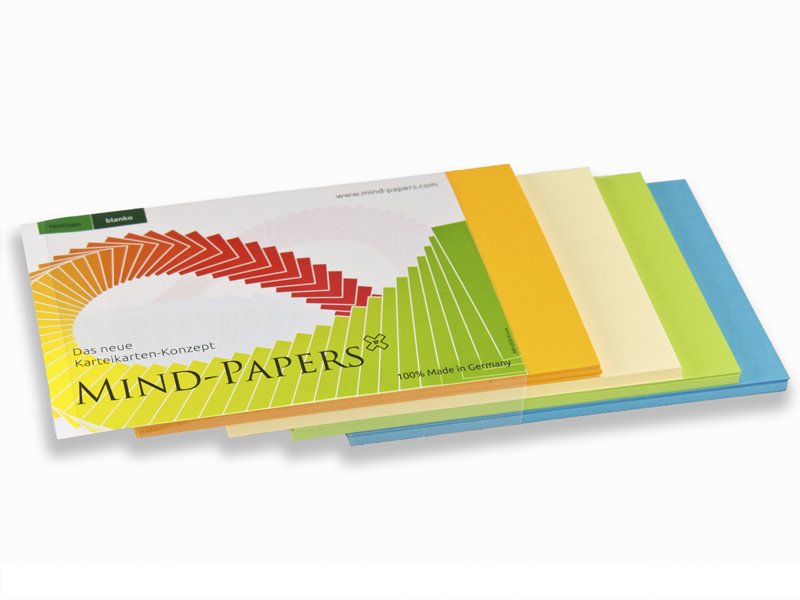 DIN A5 Mind-Papers Nachfüllpack, 100 Karteikarten sortiert, Farbe: blau, grün, hellgelb, orange