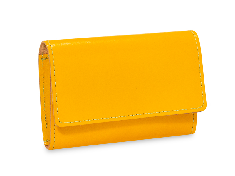 Card Holder smooth leather yellow, green stitching
