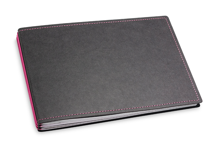 A5+ Landscape 3er notebook with weekly calendar 2024 Texon black/magenta, 3 inlays (L210)